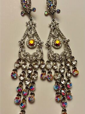 Vintage Style Chandelier Dangle Earrings AB Rhinestone Festival Pageant Drop